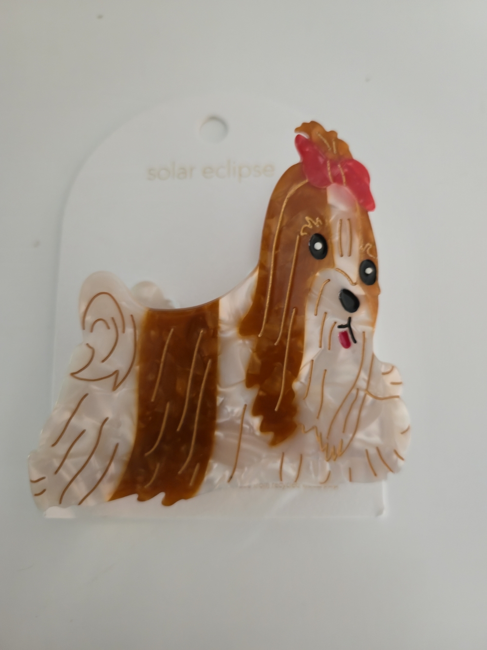 Solar Eclipse Shih Tzu Hair Clip - Brown & White with  Bow